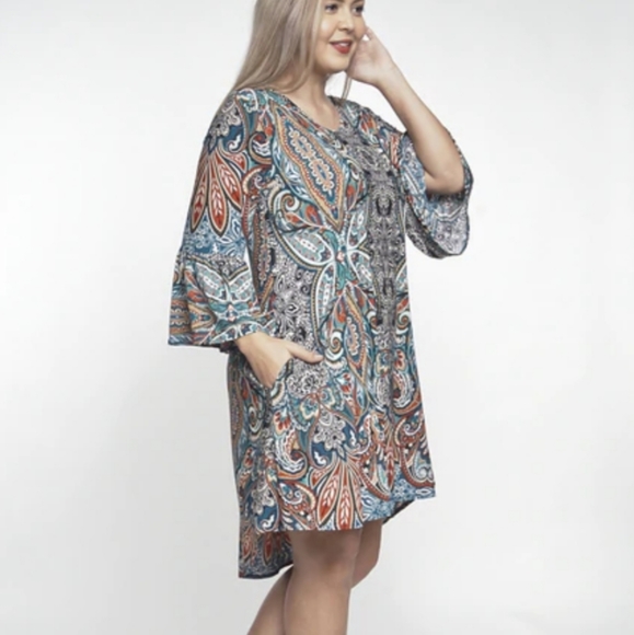 Multi-color Paisley Tunic Dress with ruffle sleeve - Picture 2 of 5